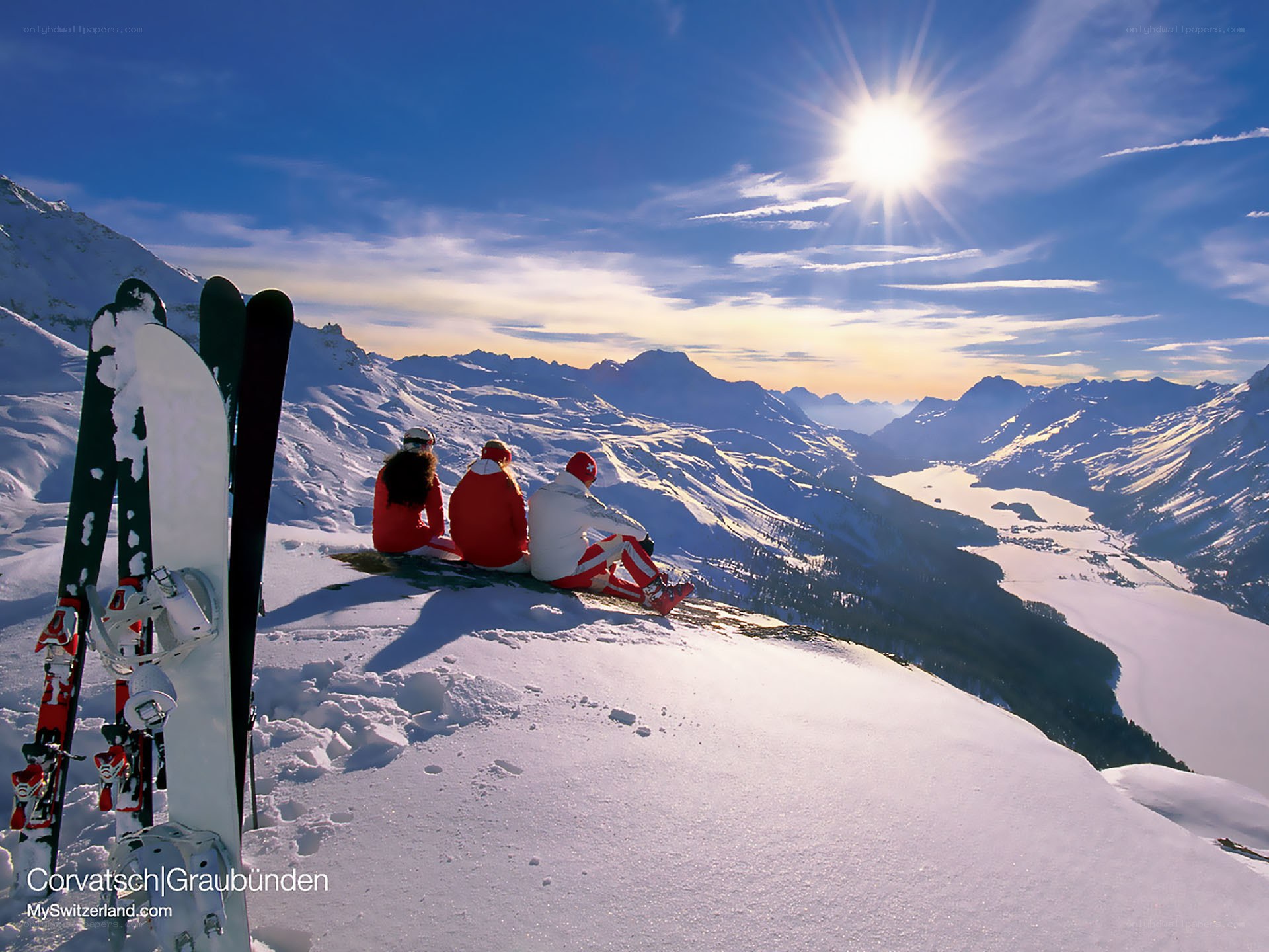 Skiers enjoying mountain view