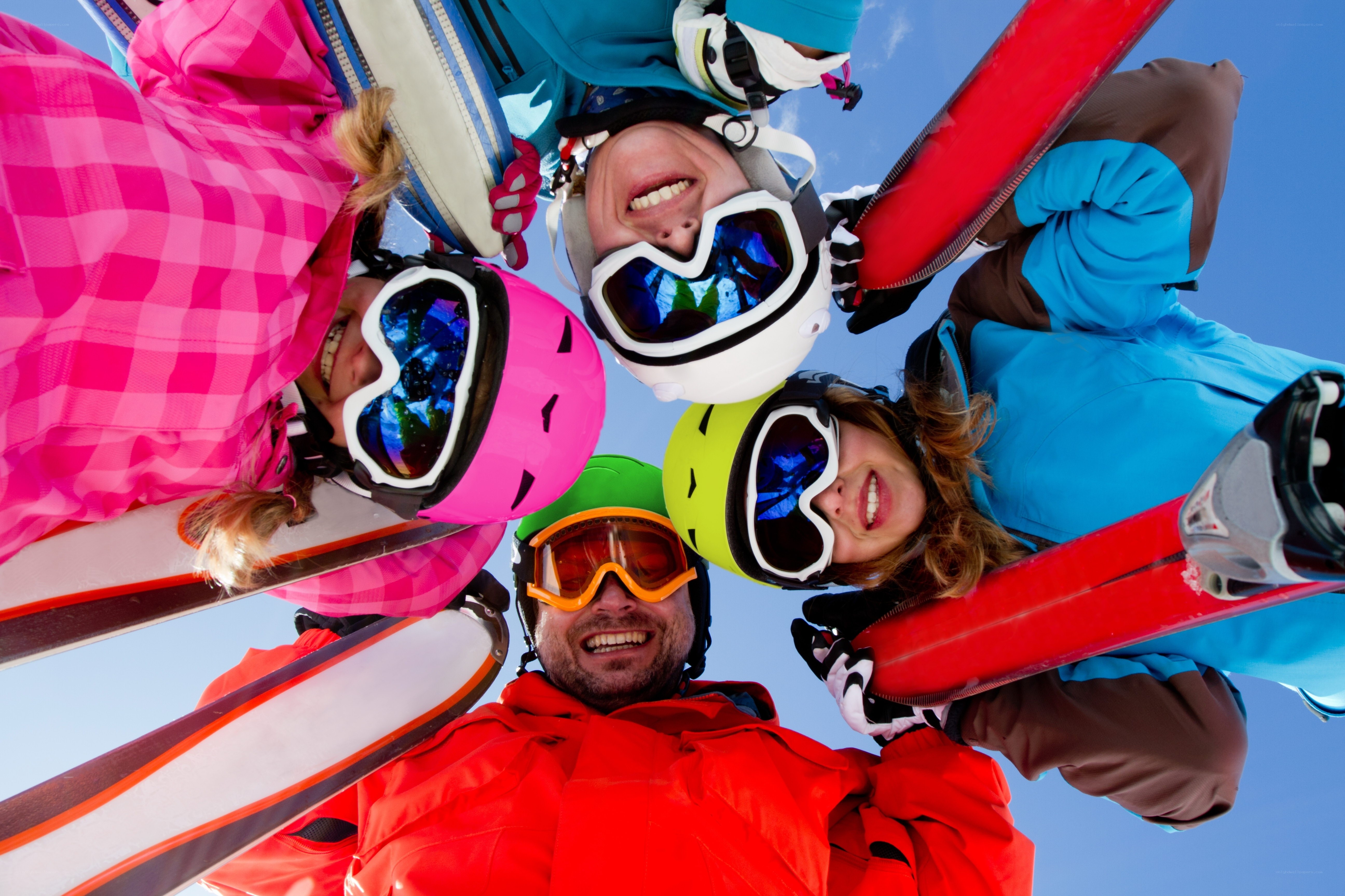 skiers in colorful gear