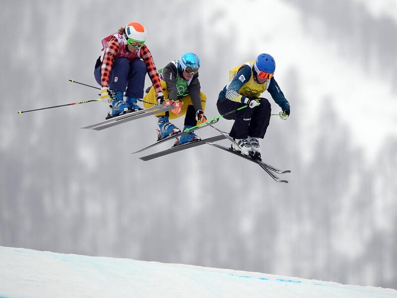 Skiers in Mid-air — White, Dynamic
