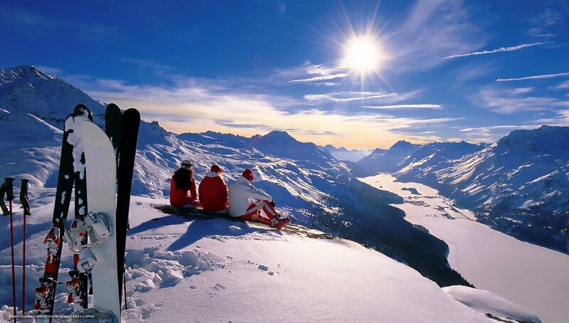 Skiers on Mountain Peak — Blue, Serene