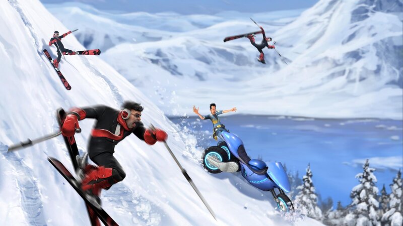 Skiers on Snowy Mountain — White, Action-packed
