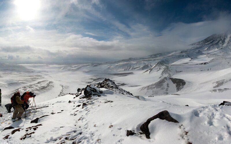Skiers on Snowy Mountain — White, Dramatic, Winter, Photograph, Mountains