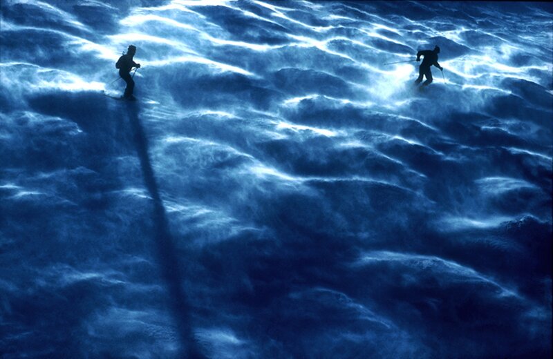 Skiers on Snowy Slope — Blue, Dramatic, Night