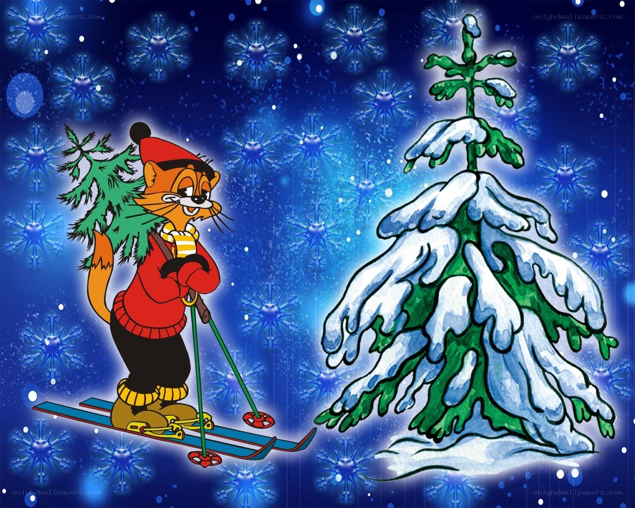 skiing cat with Christmas tree