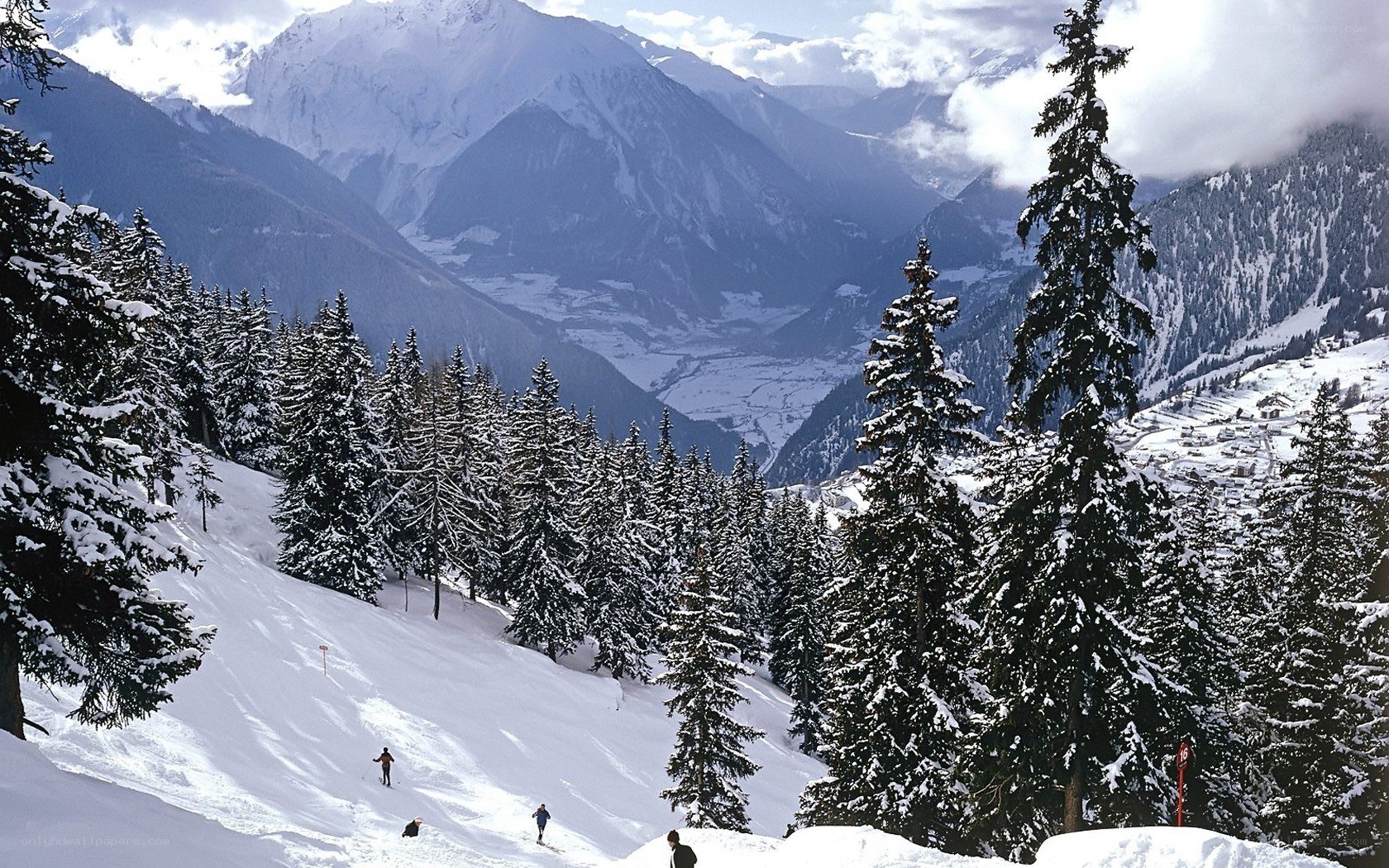 Skiing in snowy mountains