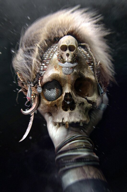 skull adorned with skull and feathers