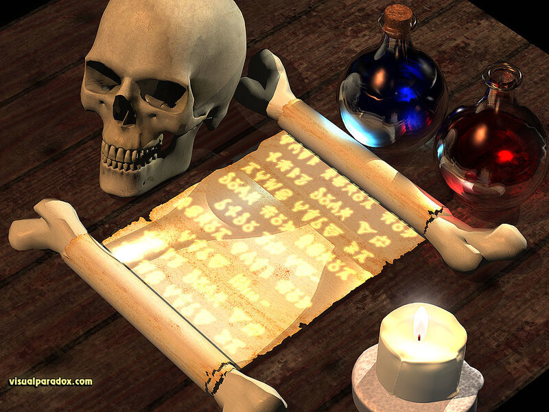 skull and ancient scroll