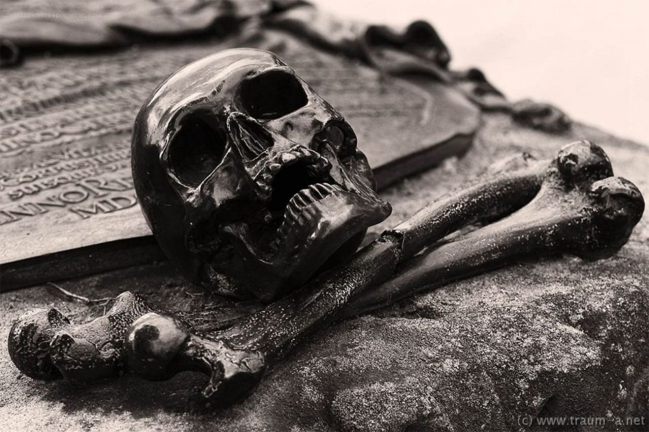 Skull and bones on gravestone