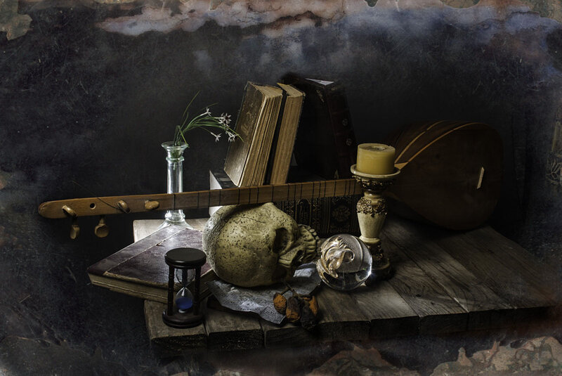 Skull and Books on Table — Brown