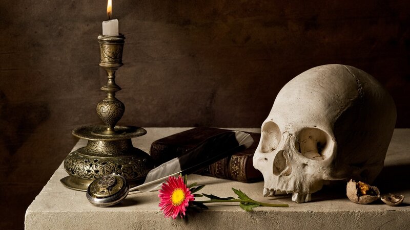 Skull and candle still life