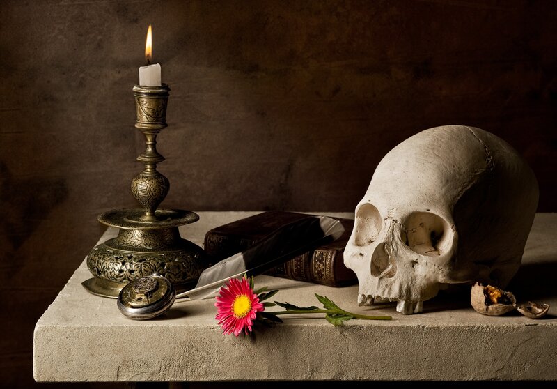 Skull and candle still life