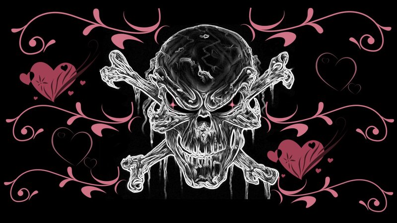 Skull and Crossbones — Black, Dark, Digital Art, Hearts