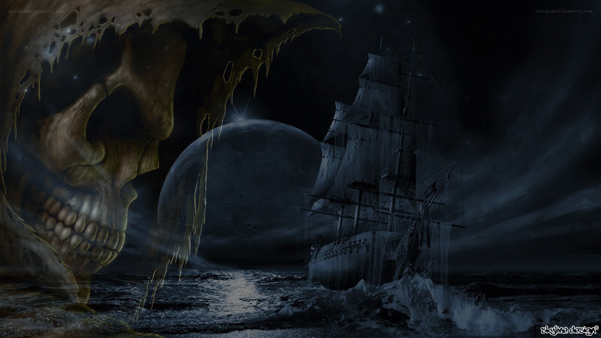 skull and ghost ship at sea