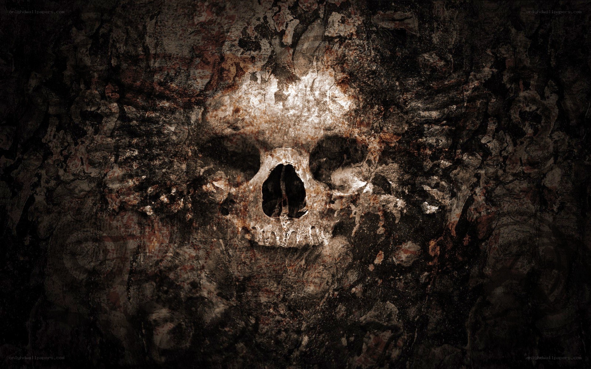 skull carved into stone wall
