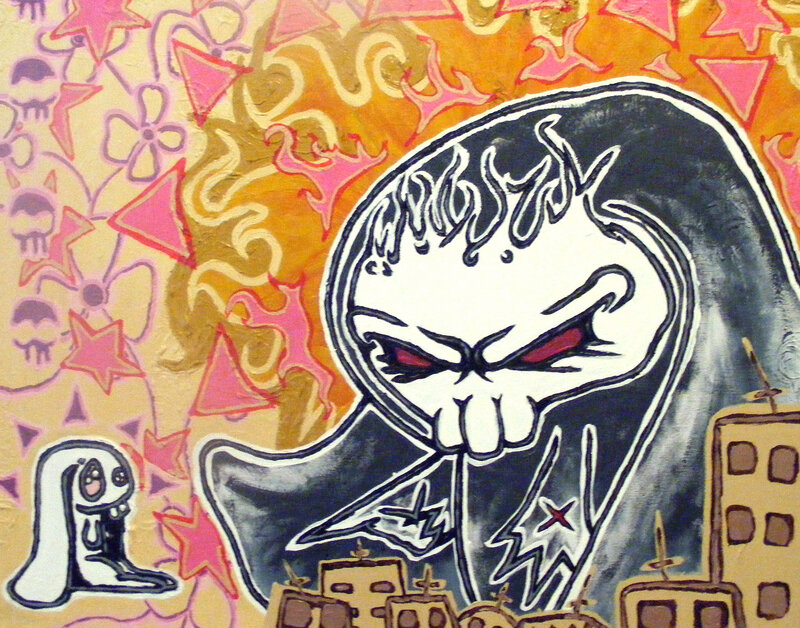 skull character with cityscape