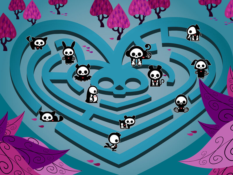 Skull characters in heart maze