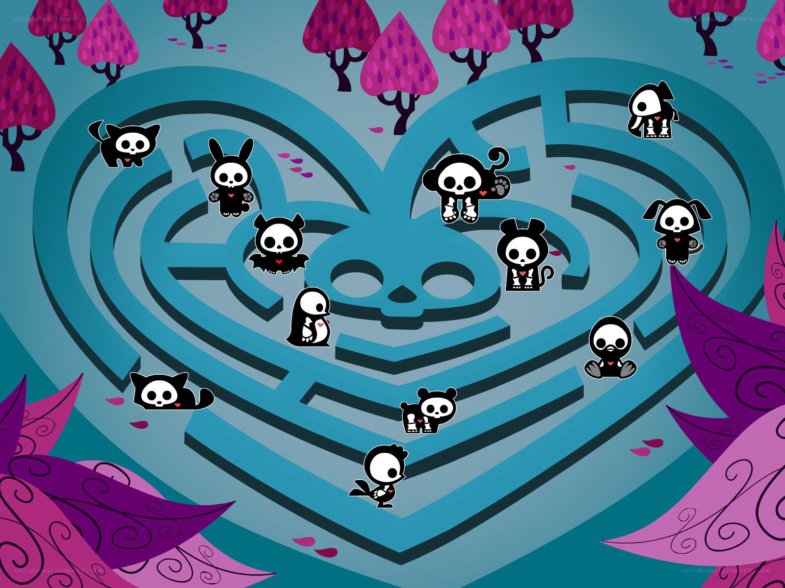 Skull characters in heart maze