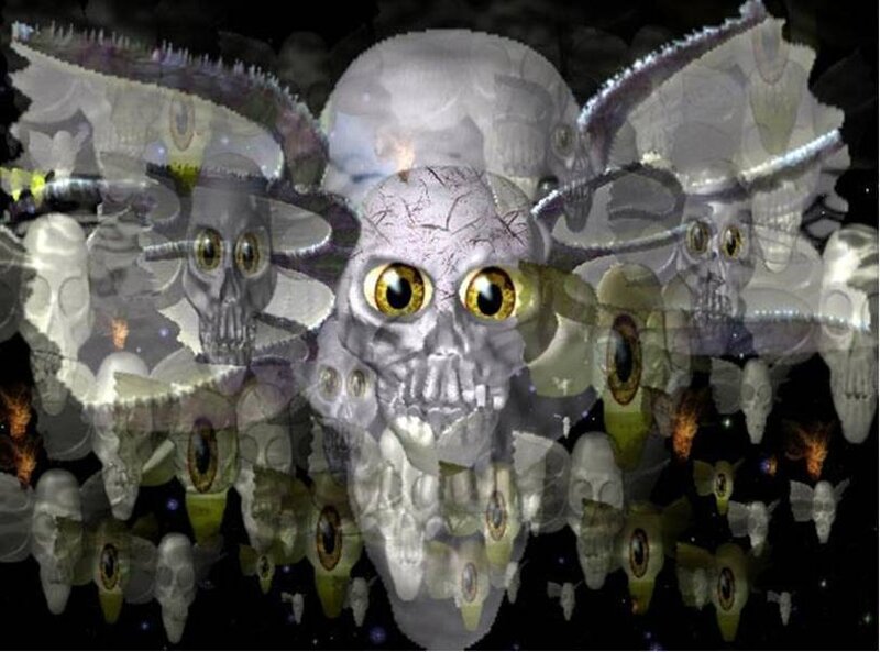 skull collage with glowing eyes