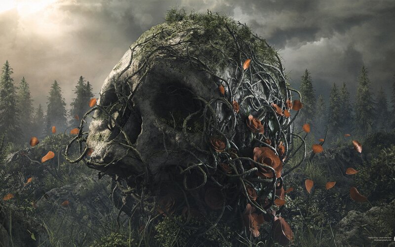 Skull Covered in Vines — Green