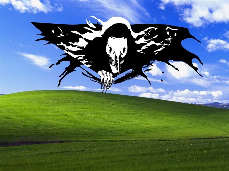 Skull creature over green hills