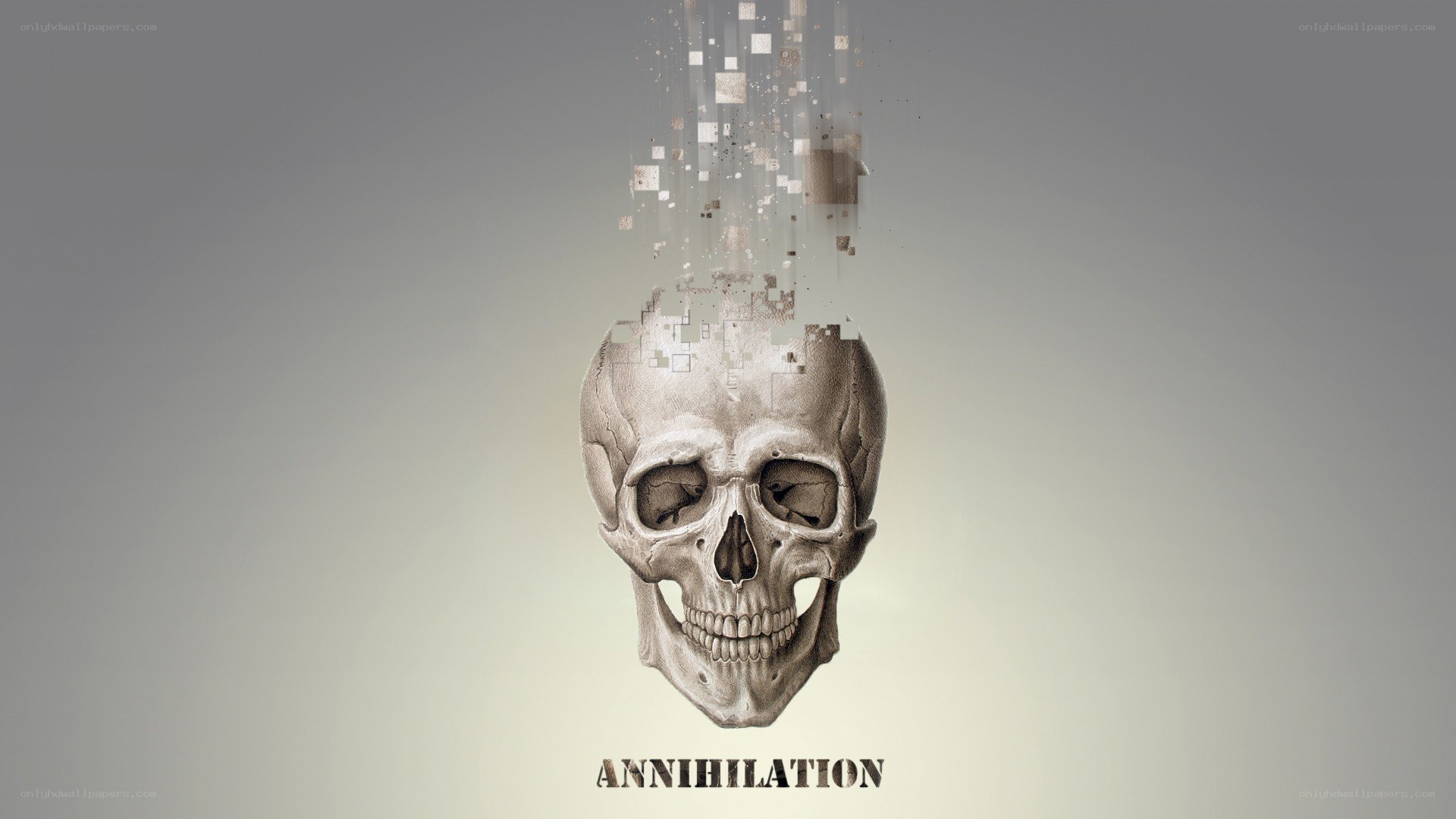 skull disintegrating into pixels