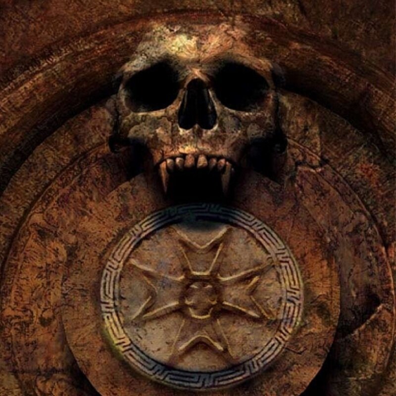 skull door knocker with symbol