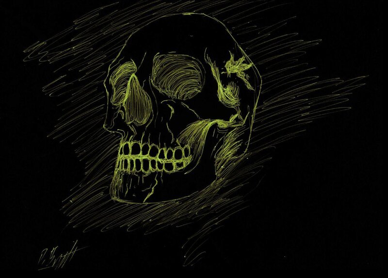 skull drawing with green lines
