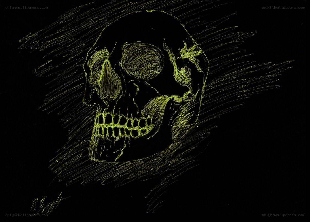 skull drawing with green lines