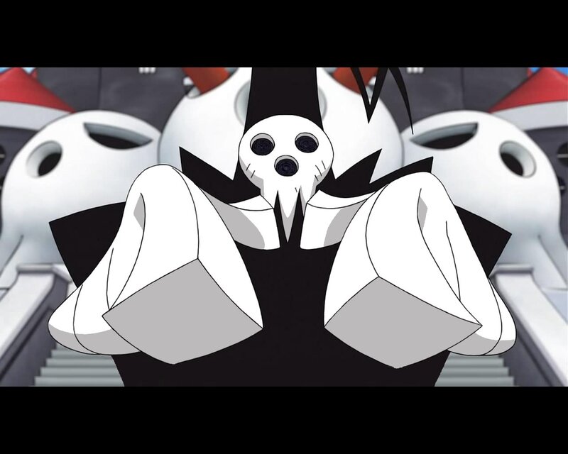 skull-faced character in black and white