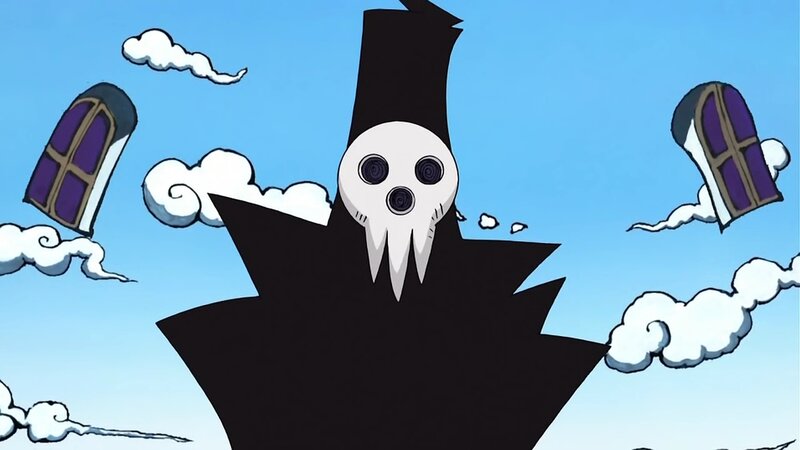 skull-faced character in sky