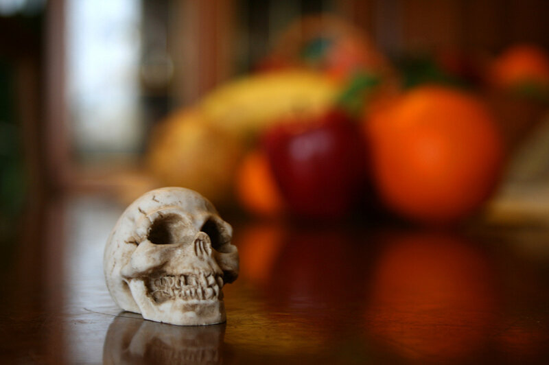 Skull figurine on a table
