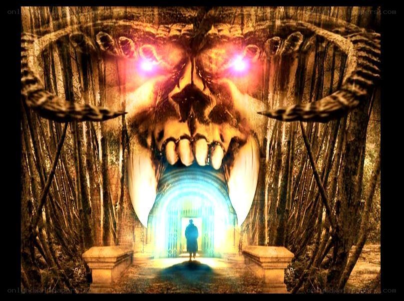 skull gateway with glowing eyes