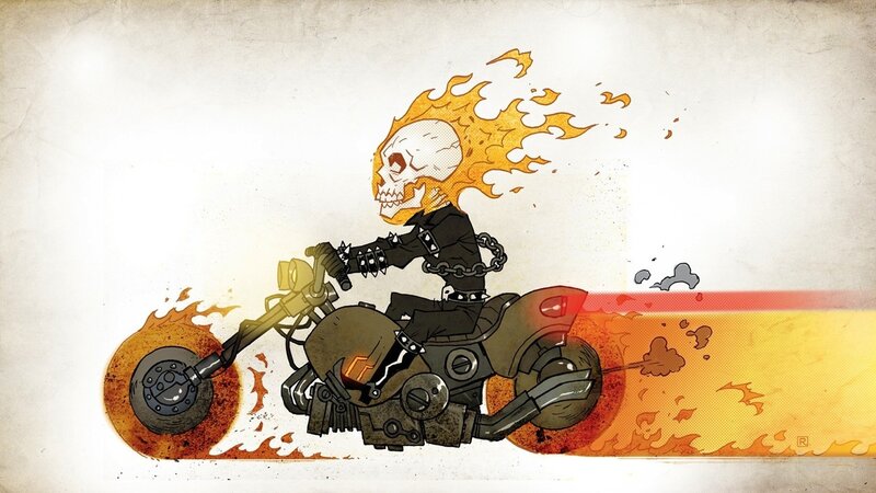 Skull-headed Rider on Motorcycle — Orange, Dramatic