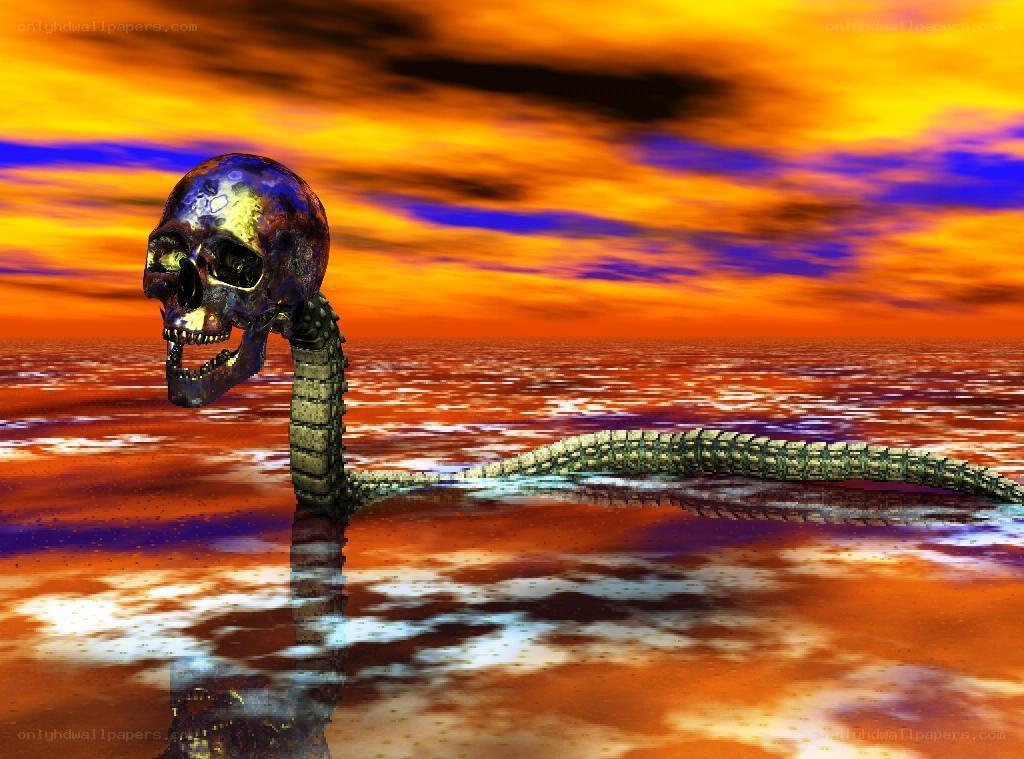 skull-headed serpent in sunset