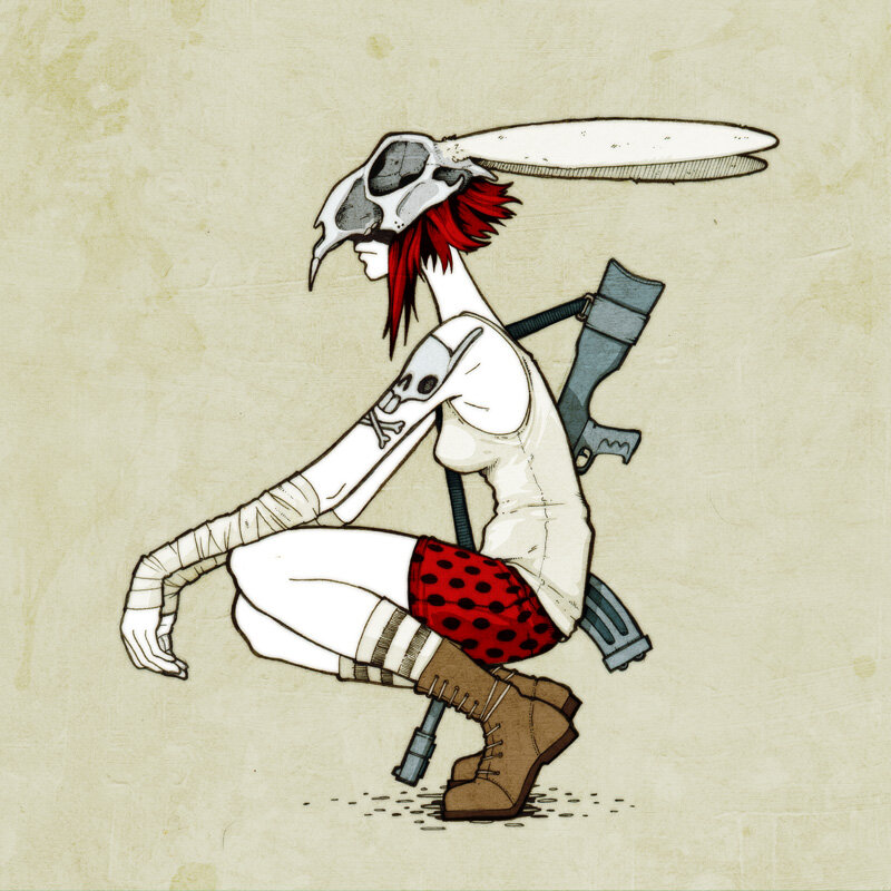 skull-headed warrior crouching