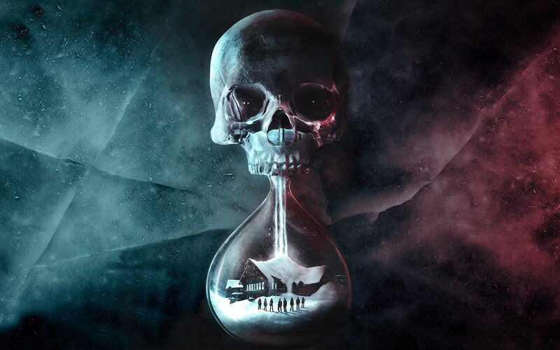skull hourglass with village scene
