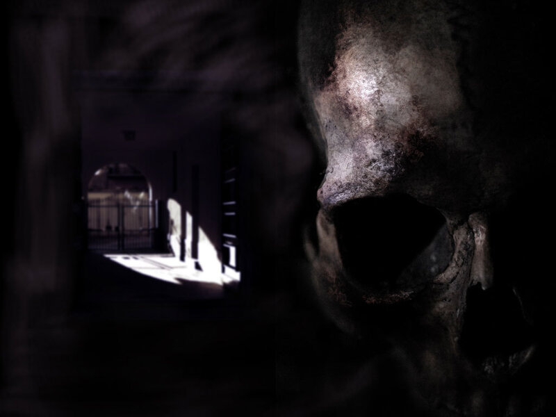 skull in dark corridor
