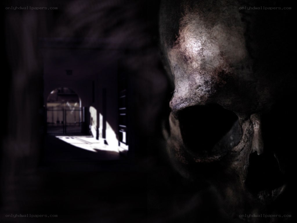 skull in dark corridor