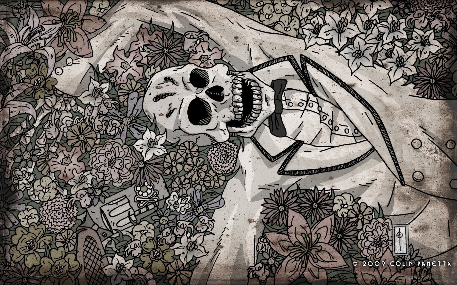 skull in floral bed
