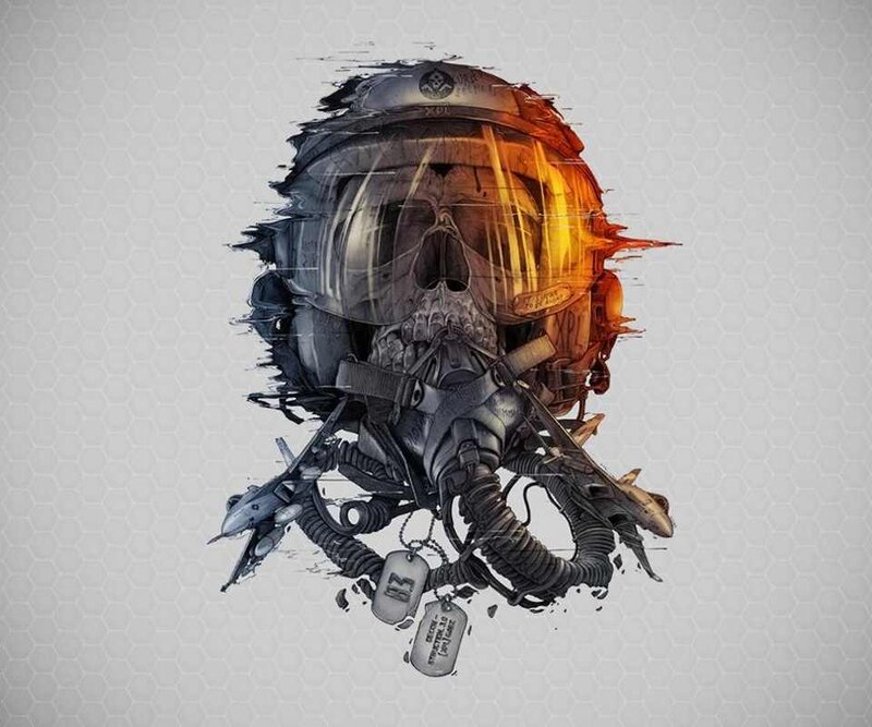 Skull in Helmet — Gray, Dramatic, Digital Art