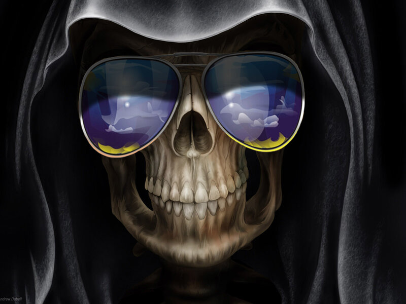 skull in hood with sunglasses