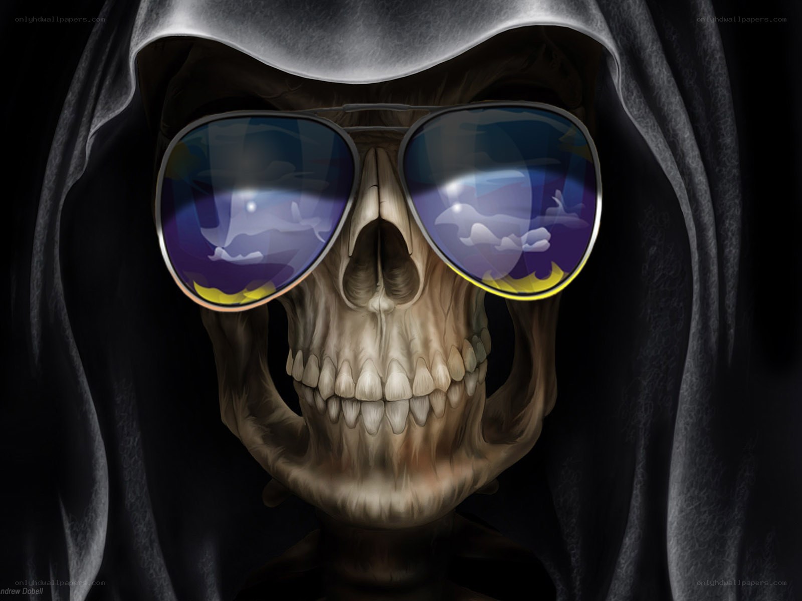 skull in hood with sunglasses