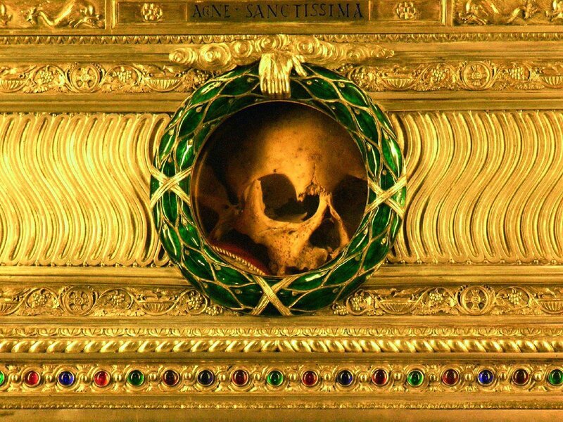 Skull in ornate golden reliquary
