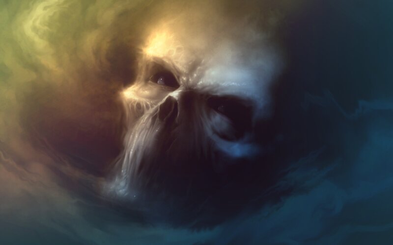 Skull in Swirling Mist — Yellow, Dramatic