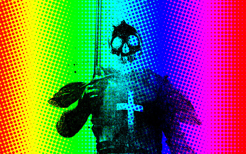 skull knight in rainbow halftone