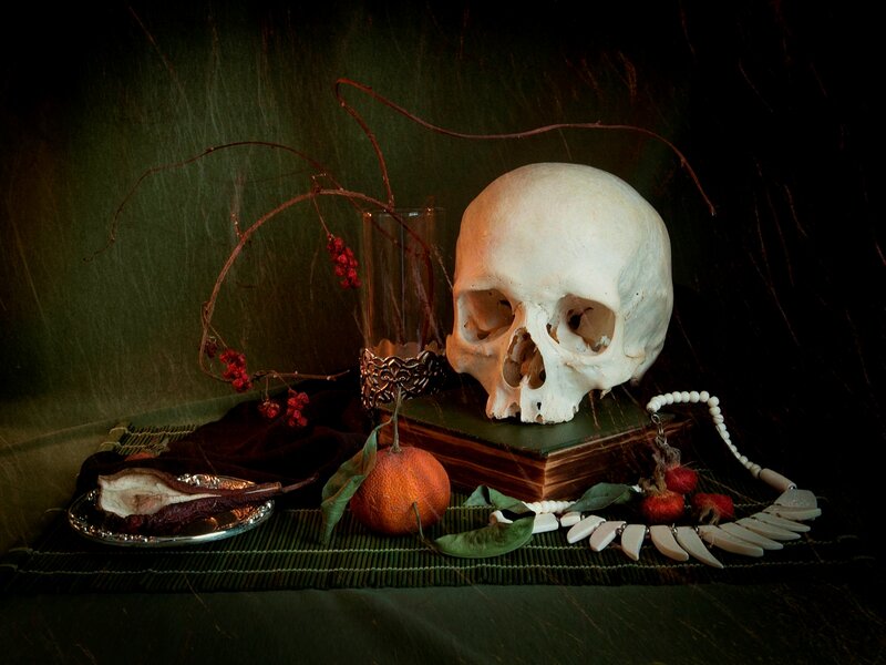 Skull on Book with Fruit