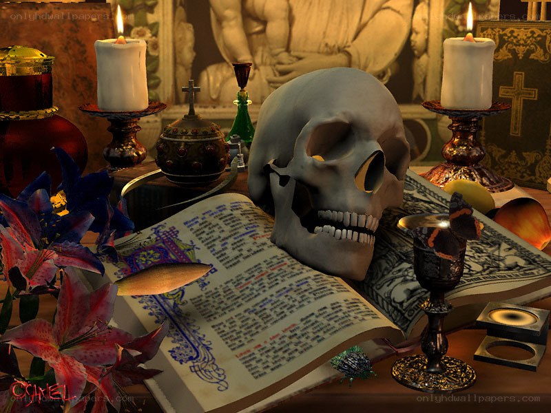 Skull on open book with candles