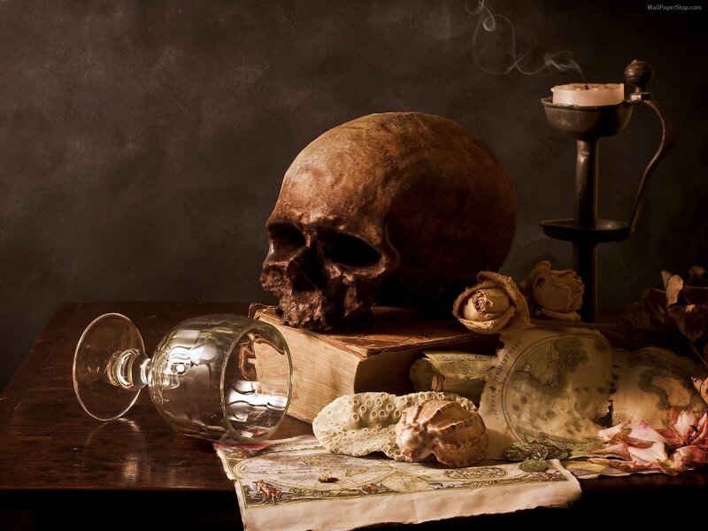 Skull on Wooden Table — Brown, Dramatic, Photograph, Candle