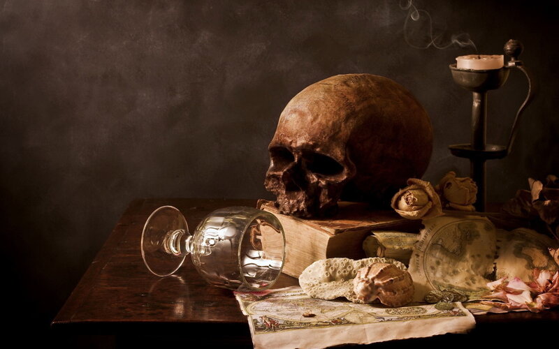 Skull on Wooden Table — Brown, Dramatic, Photograph, Wine Glass