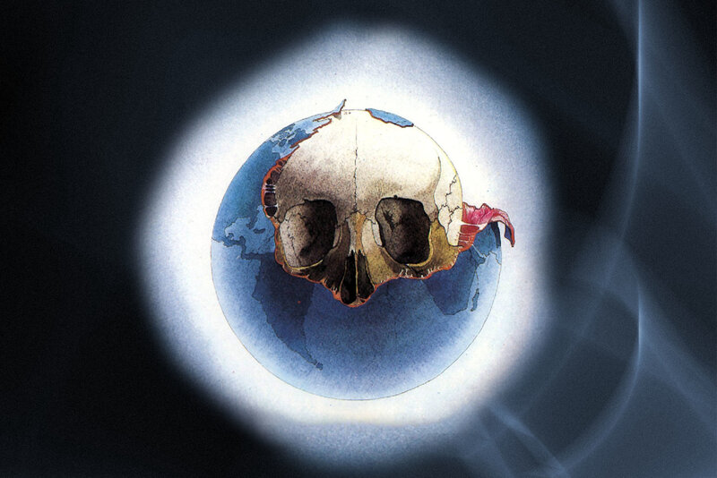 skull over planet earth